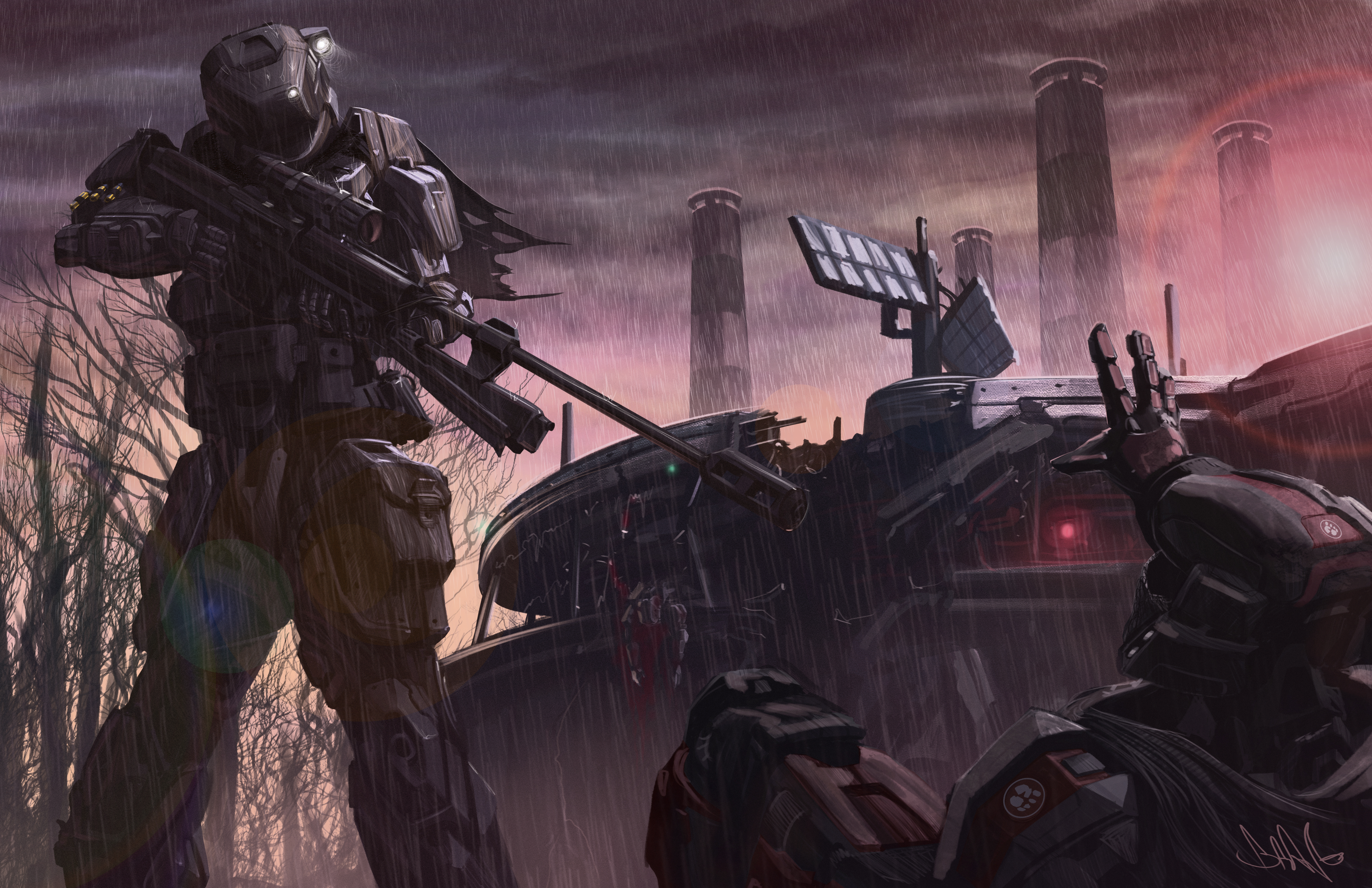 Halo Gungnir Spartan with a Sniper Rifle, aiming at an insurrectionist in the middle of a wasteland